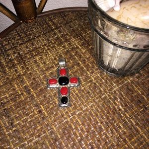 925 THAILAND Silver Red and Black Stone Cross